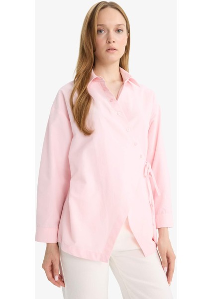 Regular Fit Gömlek Yaka Önden Bağlamalı Poplin Uzun Kollu Gömlek Tunik F8347AX25AU