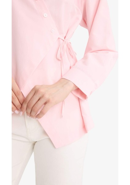 Regular Fit Gömlek Yaka Önden Bağlamalı Poplin Uzun Kollu Gömlek Tunik F8347AX25AU