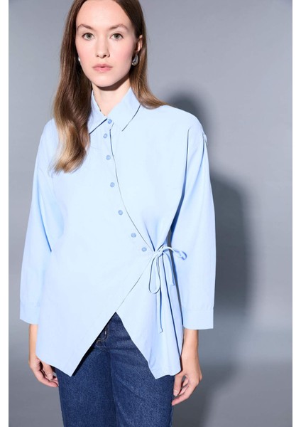 Regular Fit Gömlek Yaka Önden Bağlamalı Poplin Uzun Kollu Gömlek Tunik F8347AX25AU