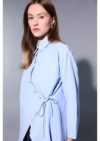 Regular Fit Gömlek Yaka Önden Bağlamalı Poplin Uzun Kollu Gömlek Tunik F8347AX25AU