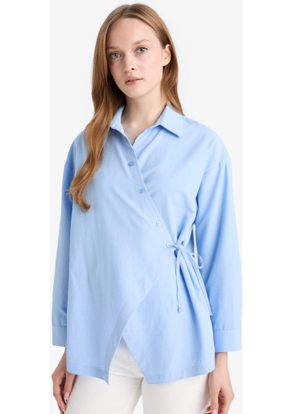 Regular Fit Gömlek Yaka Önden Bağlamalı Poplin Uzun Kollu Gömlek Tunik F8347AX25AU