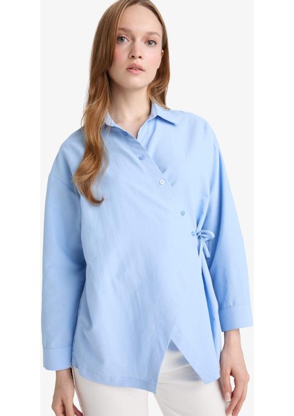 Regular Fit Gömlek Yaka Önden Bağlamalı Poplin Uzun Kollu Gömlek Tunik F8347AX25AU
