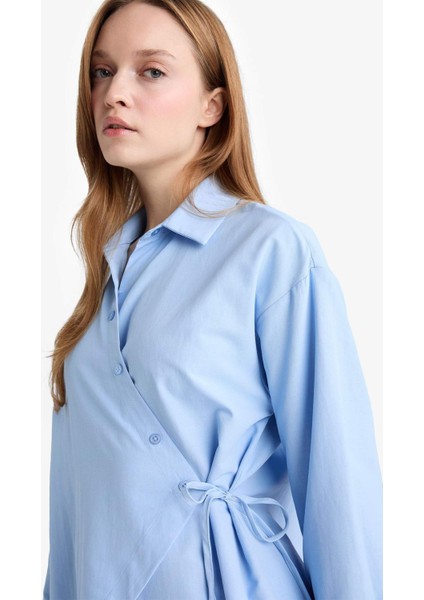 Regular Fit Gömlek Yaka Önden Bağlamalı Poplin Uzun Kollu Gömlek Tunik F8347AX25AU