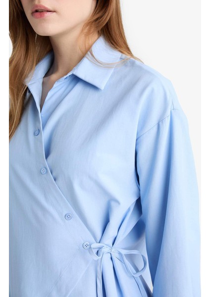 Regular Fit Gömlek Yaka Önden Bağlamalı Poplin Uzun Kollu Gömlek Tunik F8347AX25AU