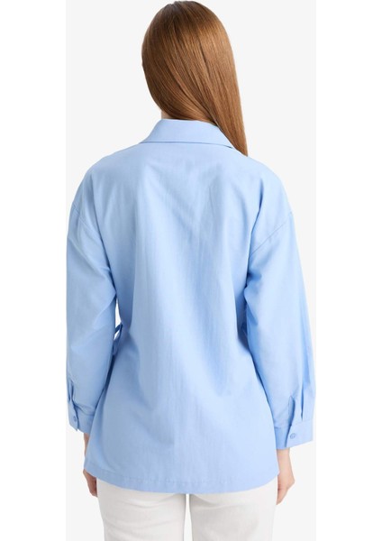 Regular Fit Gömlek Yaka Önden Bağlamalı Poplin Uzun Kollu Gömlek Tunik F8347AX25AU