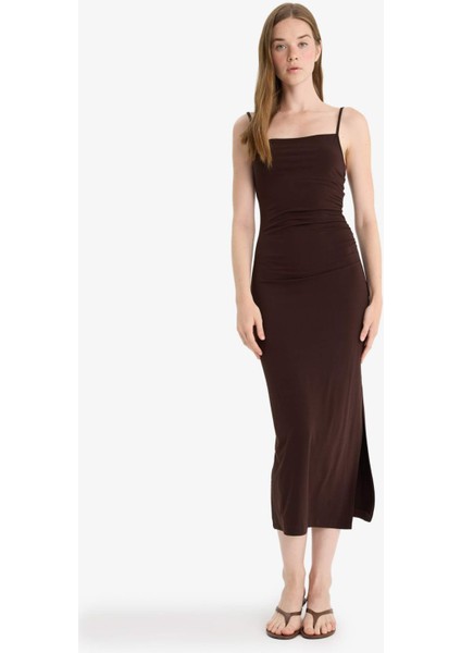 Bodycon Vücudu Saran Askılı Midi Elbise