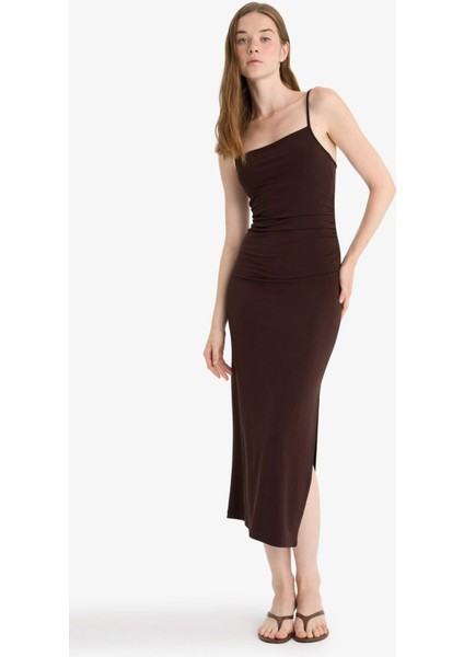 Bodycon Vücudu Saran Askılı Midi Elbise