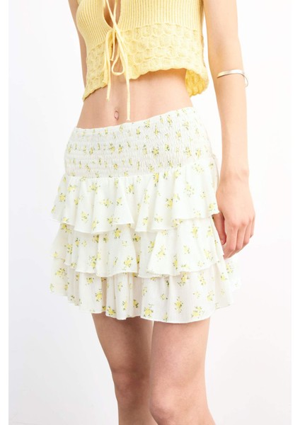 Beli Lastikli Çiçek Desenli Volanlı Mini Etek F7905AX25SM