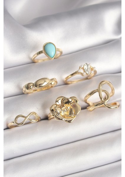 Bfs Pirinç Gold Renk Çiçek Model Model Sonsuzluk Zirkon Taş Detaylı 6'lı Kadın Yüzük Seti