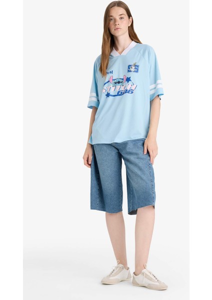 Coool Disney Lilo & Stitch Oversize Geniş Kalıp V Yaka Baskılı Kısa Kollu Tişört F9176AX25AU