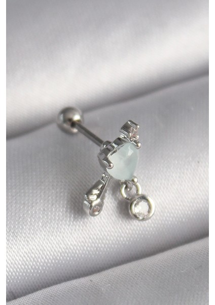 Bfs 316L Çelik Gümüş Renk Beyaz Minelik Kalp Sallantı Zirkon Taş Detay Tragus Piercing