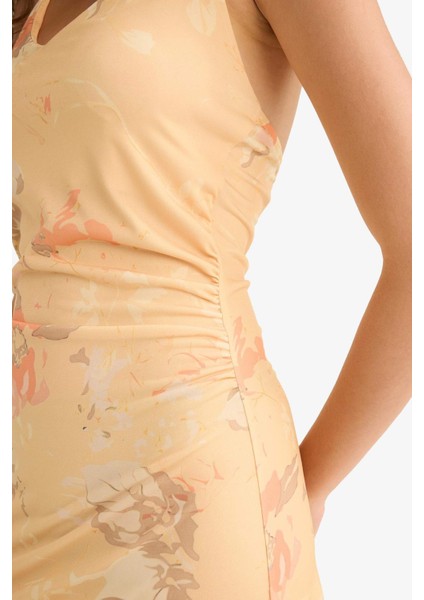 V Yaka Çiçek Desenli Askılı Mini Elbise F9549AX25HS