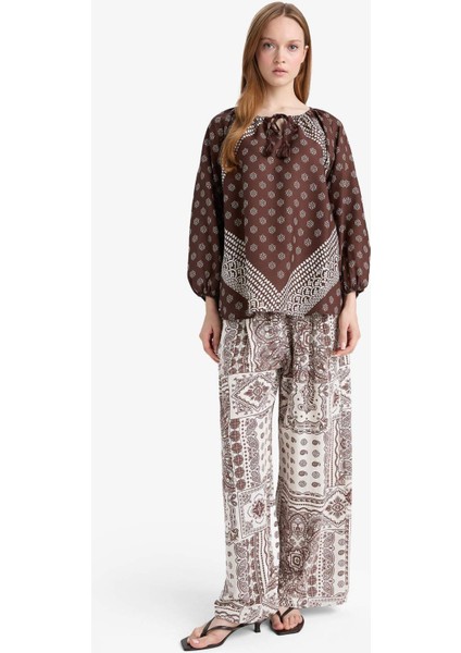 Wide Leg Cep Detaylı Geniş Paça Keten Karışımlı Desenli Pantolon F9266AX25AU