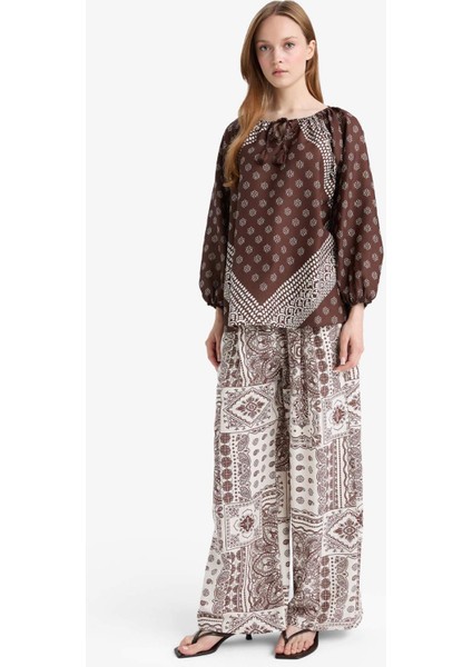 Wide Leg Cep Detaylı Geniş Paça Keten Karışımlı Desenli Pantolon F9266AX25AU