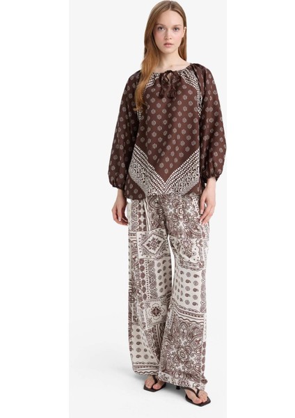 Wide Leg Cep Detaylı Geniş Paça Keten Karışımlı Desenli Pantolon F9266AX25AU