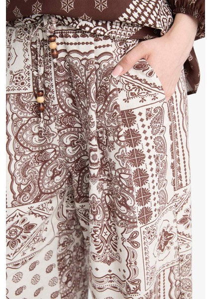 Wide Leg Cep Detaylı Geniş Paça Keten Karışımlı Desenli Pantolon F9266AX25AU