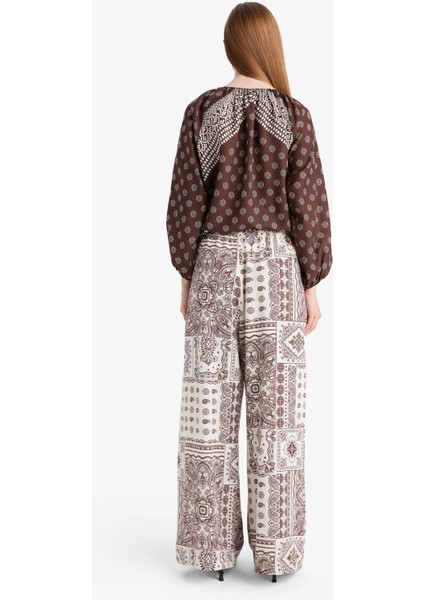 Wide Leg Cep Detaylı Geniş Paça Keten Karışımlı Desenli Pantolon F9266AX25AU