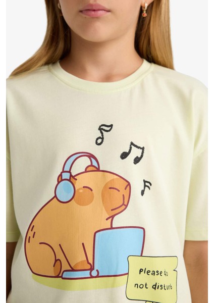 Kız Çocuk Relax Fit Bisiklet Yaka Baskılı Kısa Kollu Tişört F9723A825HS