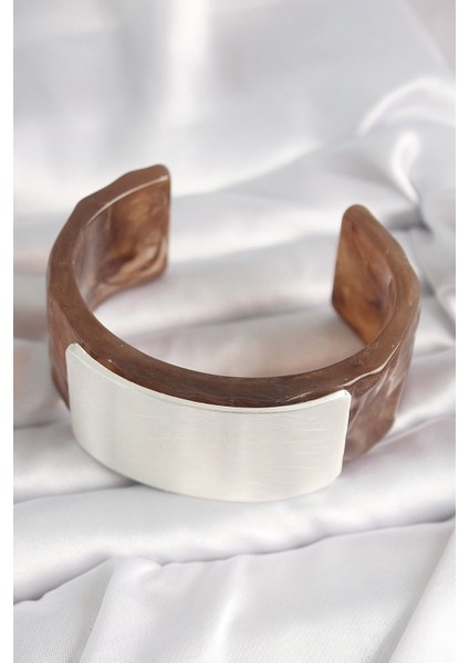 Bfs Kahverengi Mermer Desen Akrilik Plastik Gümüş Dikdörtgen Plaka Vintage Kadın Bilezik fiyatları