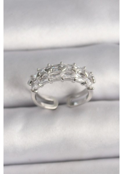 Bfs Pirinç Gümüş Renk Zirkon Taşlı Ayarlanabilir Yüzük