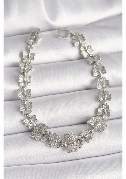 Bfs Pirinç Gümüş Renk Zirkon Taşlı Kelebek Model Zincir Kadın Bileklik