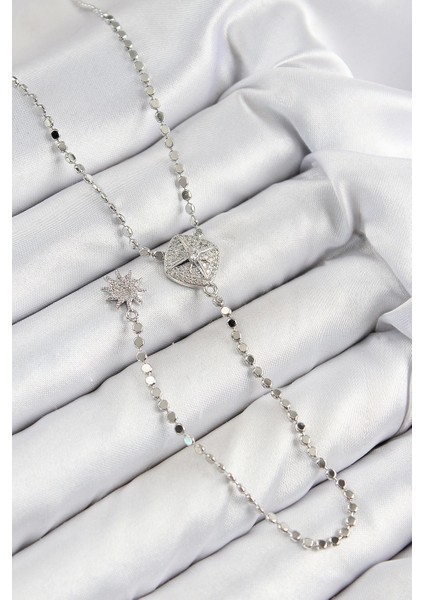 Bfs Pirinç Zirkon Taşlı Ezme Zincirli Madalyon Model Gümüş Renk Y Kolye