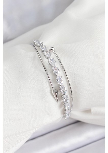 Bfs Pirinç Gümüş Renk Arpa Zirkon Taşlı Kadın Bileklik