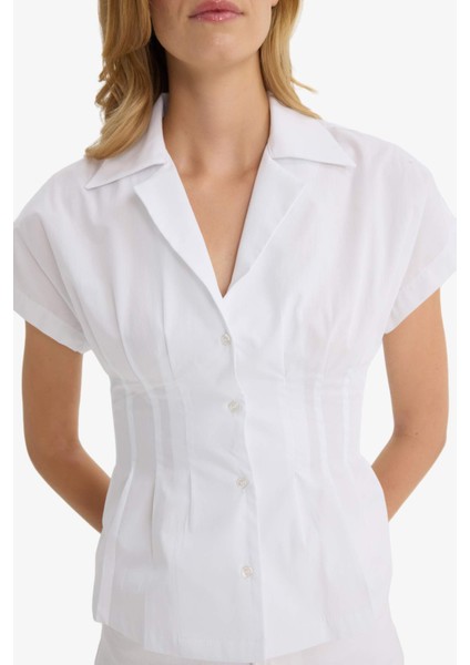 Fitted Ceket Yaka Poplin Kısa Kollu Gömlek