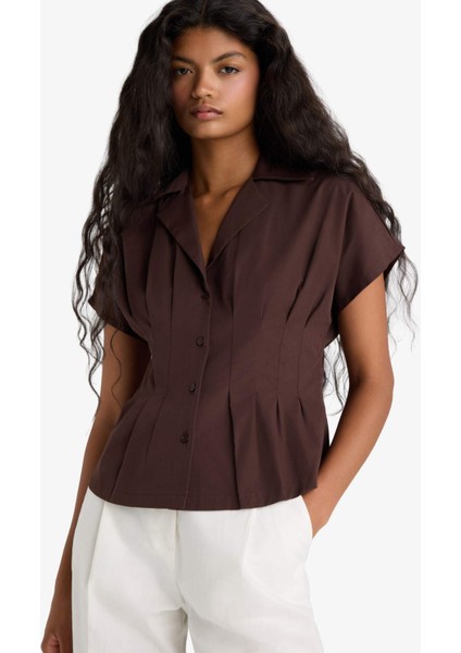 Fitted Ceket Yaka Poplin Kısa Kollu Gömlek F9335AX25AU