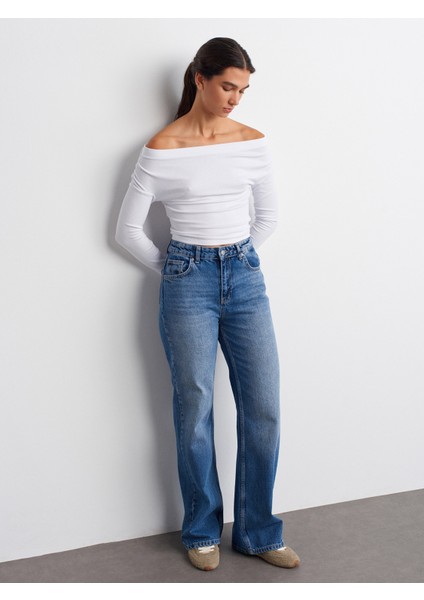 72048 Kırıklı Kumaş Wideleg Denim Pantolon-Mavi