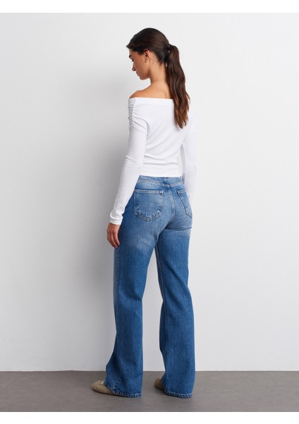 72048 Kırıklı Kumaş Wideleg Denim Pantolon-Mavi fiyatları