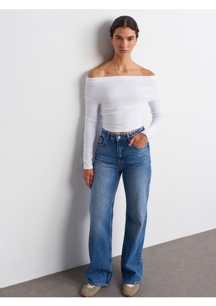 72048 Kırıklı Kumaş Wideleg Denim Pantolon-Mavi modelleri