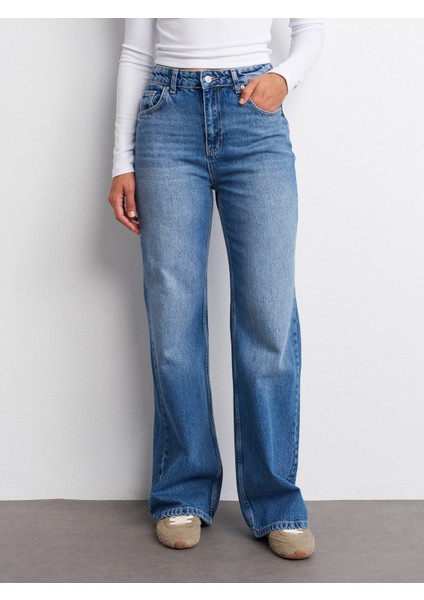 72048 Kırıklı Kumaş Wideleg Denim Pantolon-Mavi indirimleri