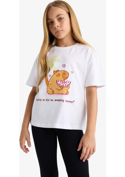 Kız Çocuk Oversize Geniş Kalıp Bisiklet Yaka Baskılı Kısa Kollu Tişört F9722A825HS