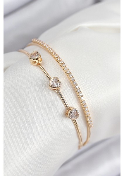 Bfs Pirinç Zirkon Taşlı Kalp Model Gold Renk Kadın Bileklik
