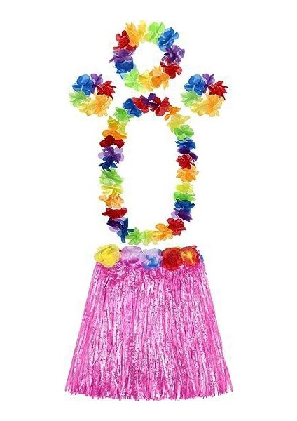 Bfs Yetişkin ve Çocuk Uyumlu Luau Aloha Hawaii Pembe Etek ve Renkli Kolye Taç 2 Adet Bileklik Seti