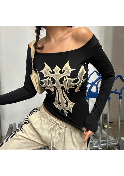 Siyah Gotik Cross Omuz Açık Uzun Kollu Crop