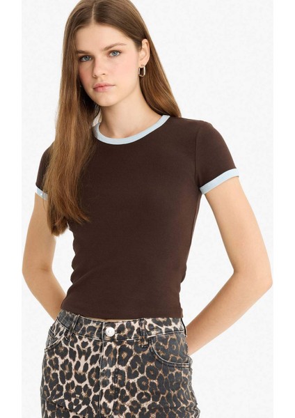 Fitted Bisiklet Yaka Ribana Kısa Kollu Tişört F9823AX25AU