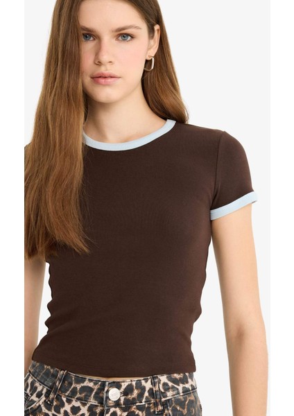 Fitted Bisiklet Yaka Ribana Kısa Kollu Tişört F9823AX25AU