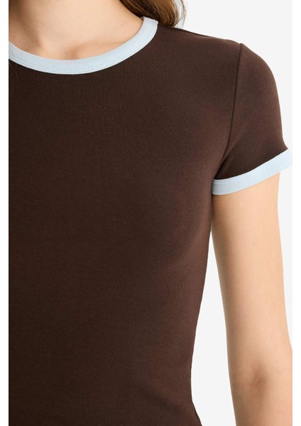 Fitted Bisiklet Yaka Ribana Kısa Kollu Tişört F9823AX25AU