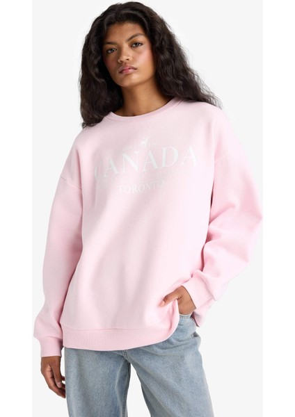 Oversize Geniş Kalıp Bisiklet Yaka Baskılı Kalın Sweatshirt F7877AX25AU