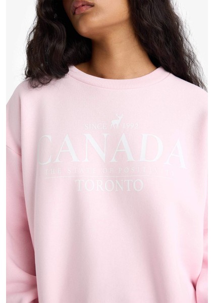 Oversize Geniş Kalıp Bisiklet Yaka Baskılı Kalın Sweatshirt F7877AX25AU