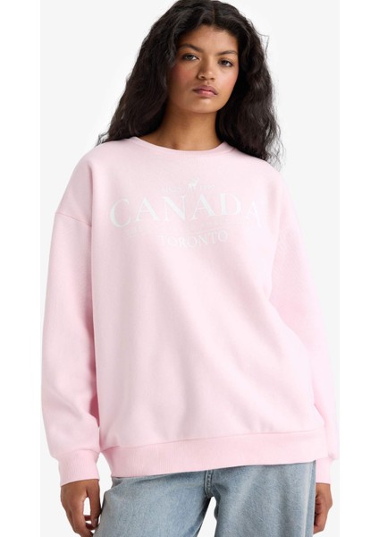 Oversize Geniş Kalıp Bisiklet Yaka Baskılı Kalın Sweatshirt F7877AX25AU