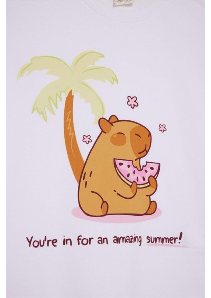 Kız Çocuk Oversize Geniş Kalıp Bisiklet Yaka Baskılı Kısa Kollu Tişört F9722A825HS