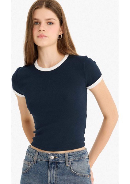 Fitted Bisiklet Yaka Ribana Kısa Kollu Tişört F9823AX25AU