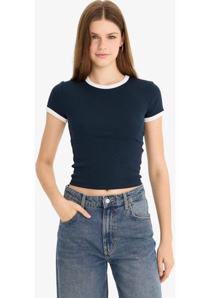 Fitted Bisiklet Yaka Ribana Kısa Kollu Tişört F9823AX25AU