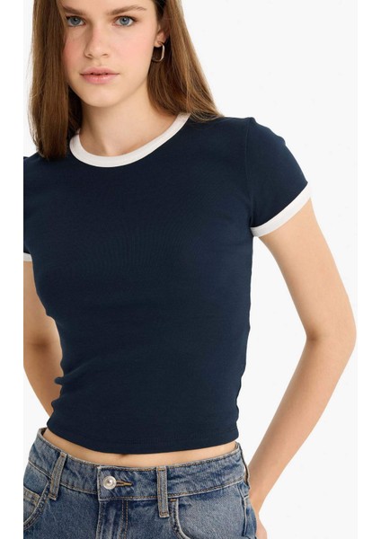 Fitted Bisiklet Yaka Ribana Kısa Kollu Tişört F9823AX25AU