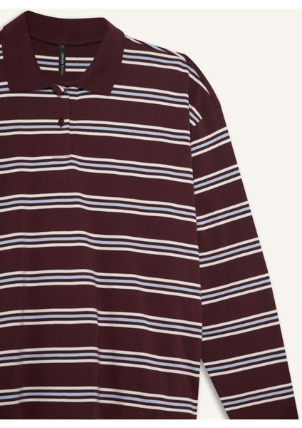 Relax Fit Polo Yaka Çizgili Sweatshirt