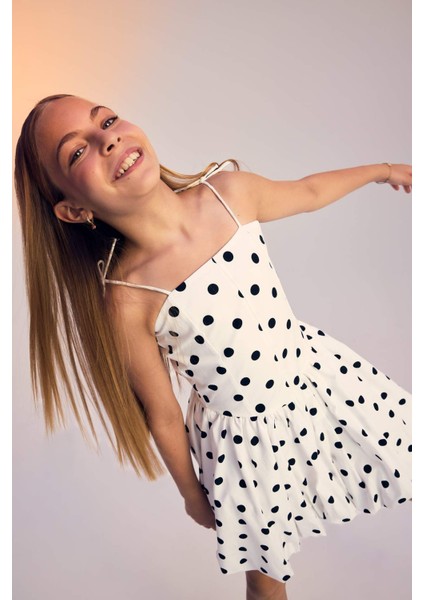 Kız Çocuk Askılı Puantiyeli Poplin Elbise F9672A825HS