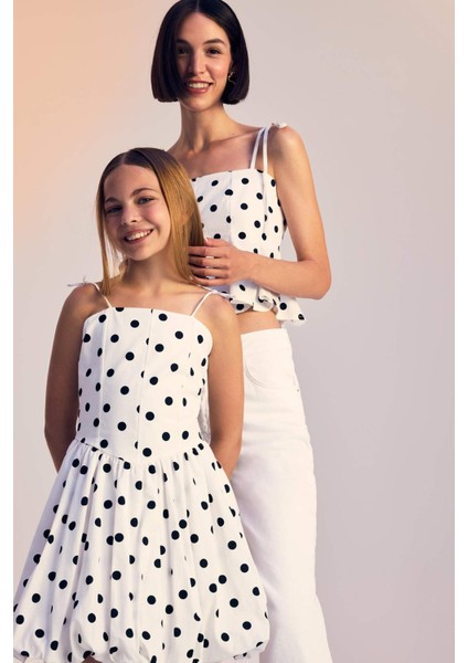 Kız Çocuk Askılı Puantiyeli Poplin Elbise F9672A825HS